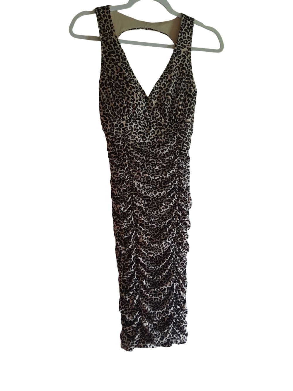 Ruby Rox Leopard Ruched V‑Neck Midi Dress - Black & Cream